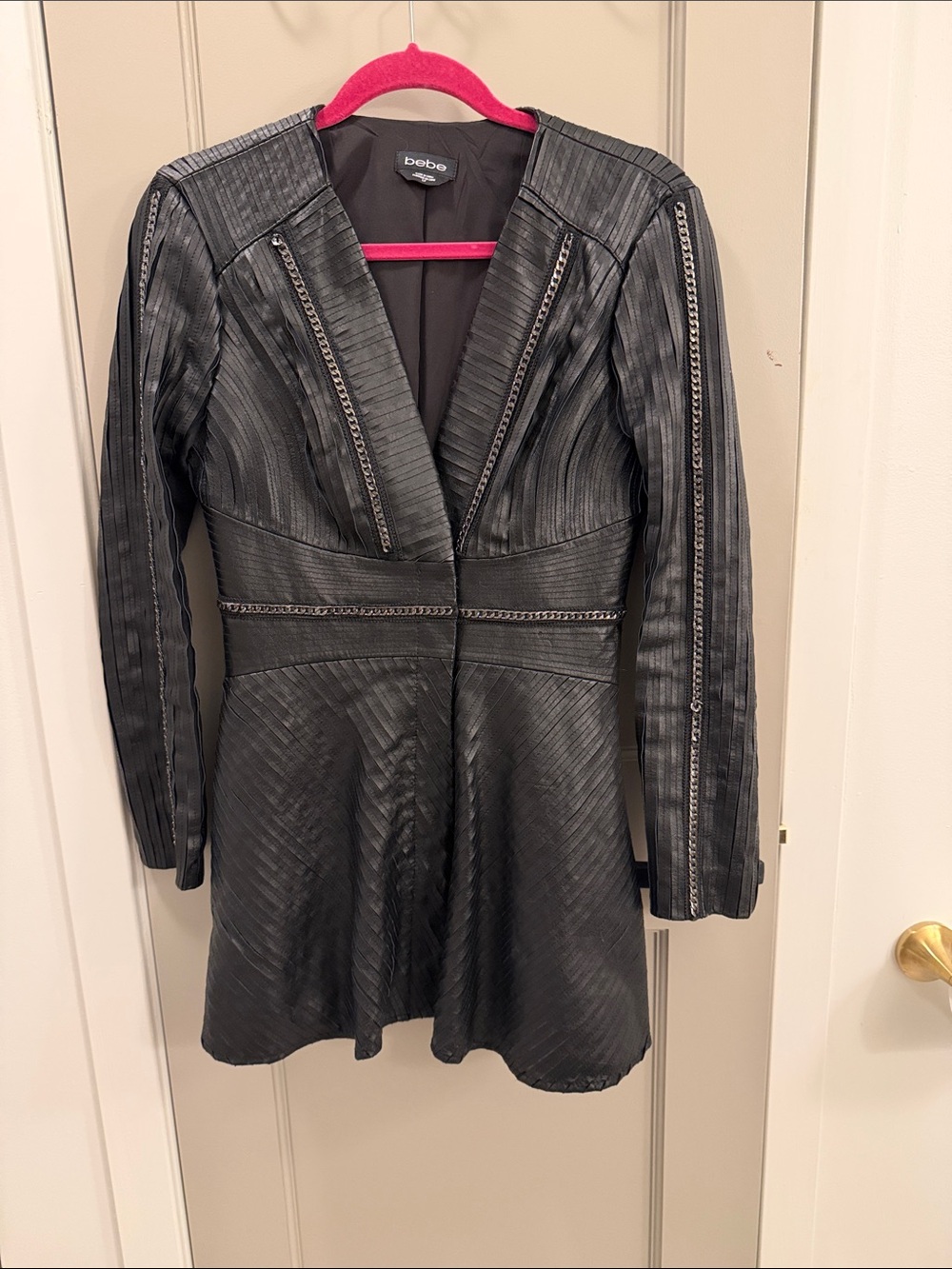 bebe Black Textured Faux-Leather Peplum Jacket with Chain Trim